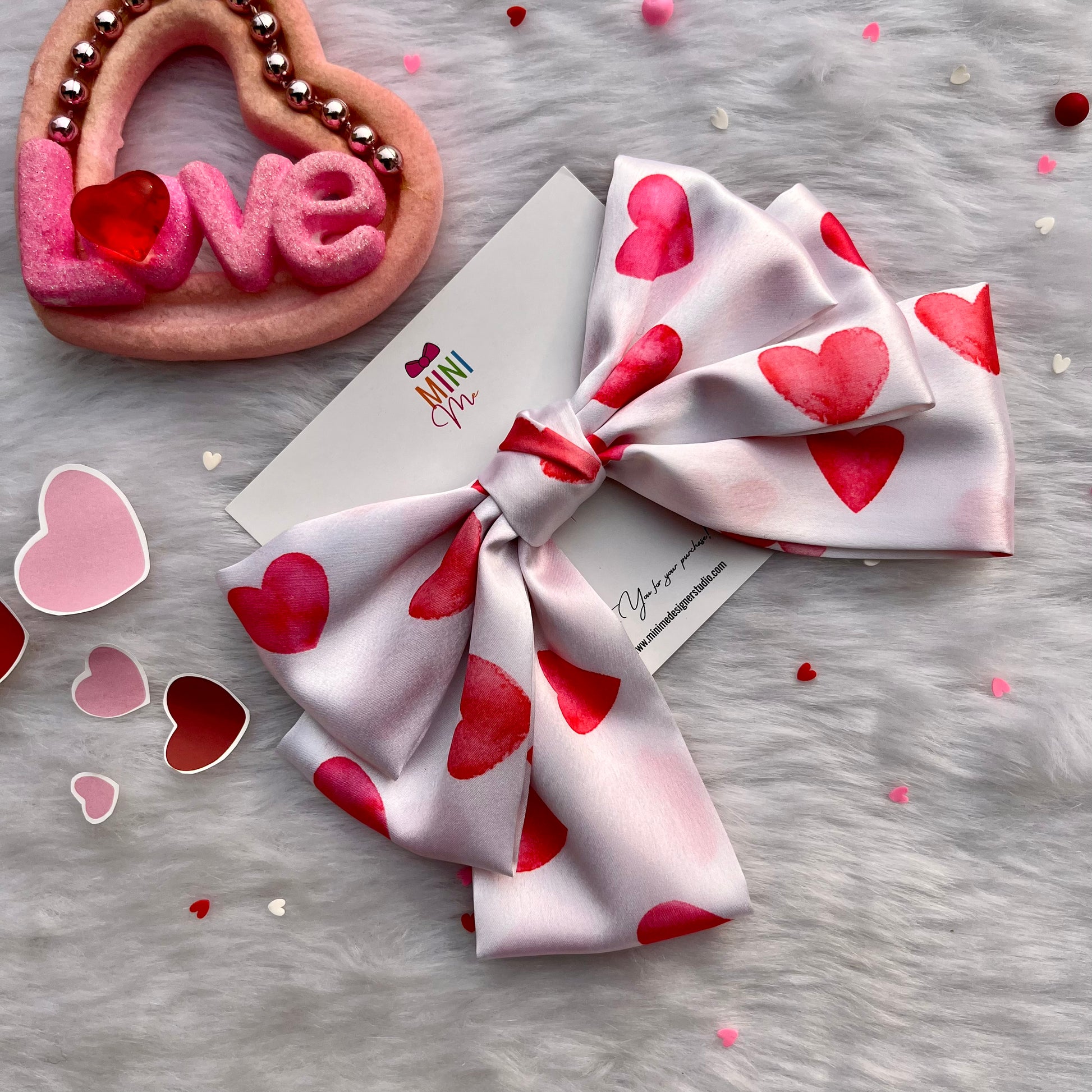 Layered white satin hearts bow hair clip | Birthday gift for her