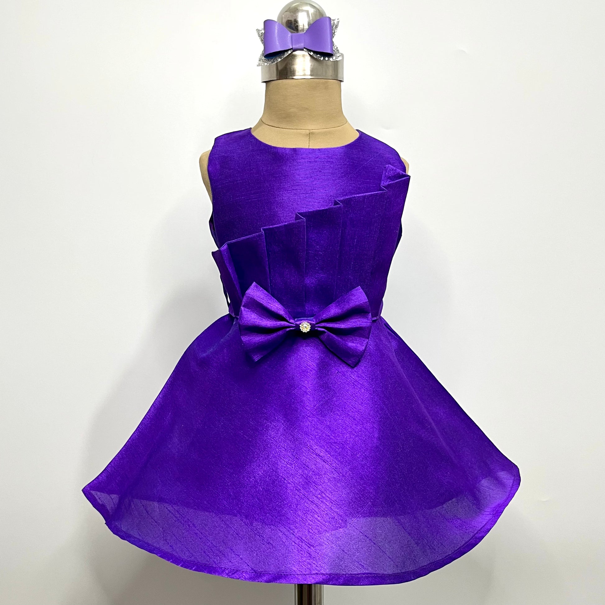 Purple Pleated Belt Dress with Bow | Designer baby girl summer dress