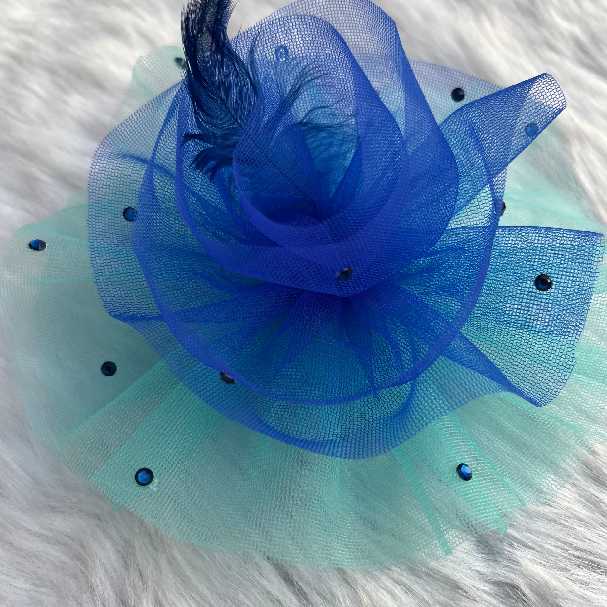 Royal Blue and Turquoise Blue Ruffled Fascinator with Feather | Baby Girl Designer Headband