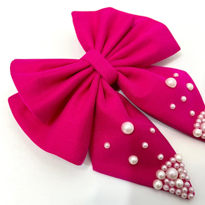 Princess Aurora Pink Bow Hair Clip with white pearls