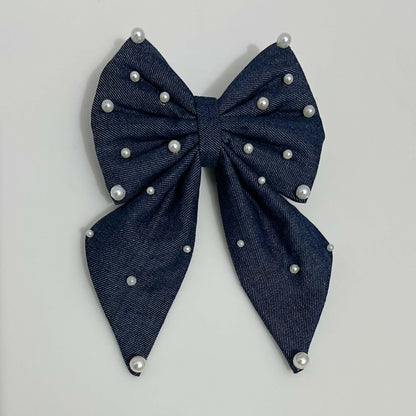 Denim Hair Bow with Pearls | Baby Headband