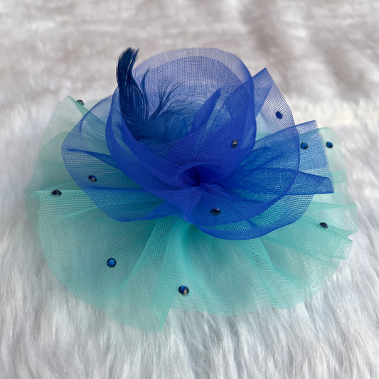 Royal Blue and Turquoise Blue Ruffled Fascinator with Feather | Birthday Couture Headpiece